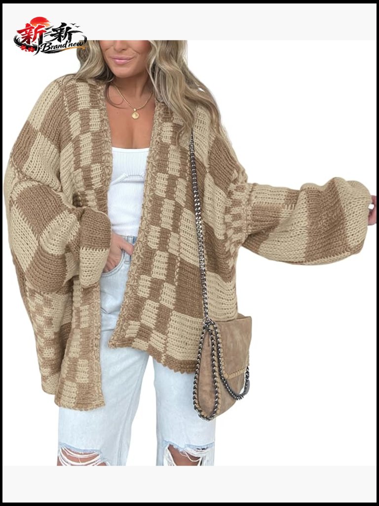Chunky Knit Open Front Cardigan Sweater - Long Sleeve V-Neck Checkered Outwear